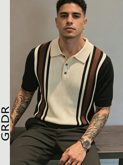 GRDR Men's Collared Striped Casual Minimalist Fashion Knit Short Sleeve T-Shirt Top- Comfortable Daily Wear, Travel, Outing