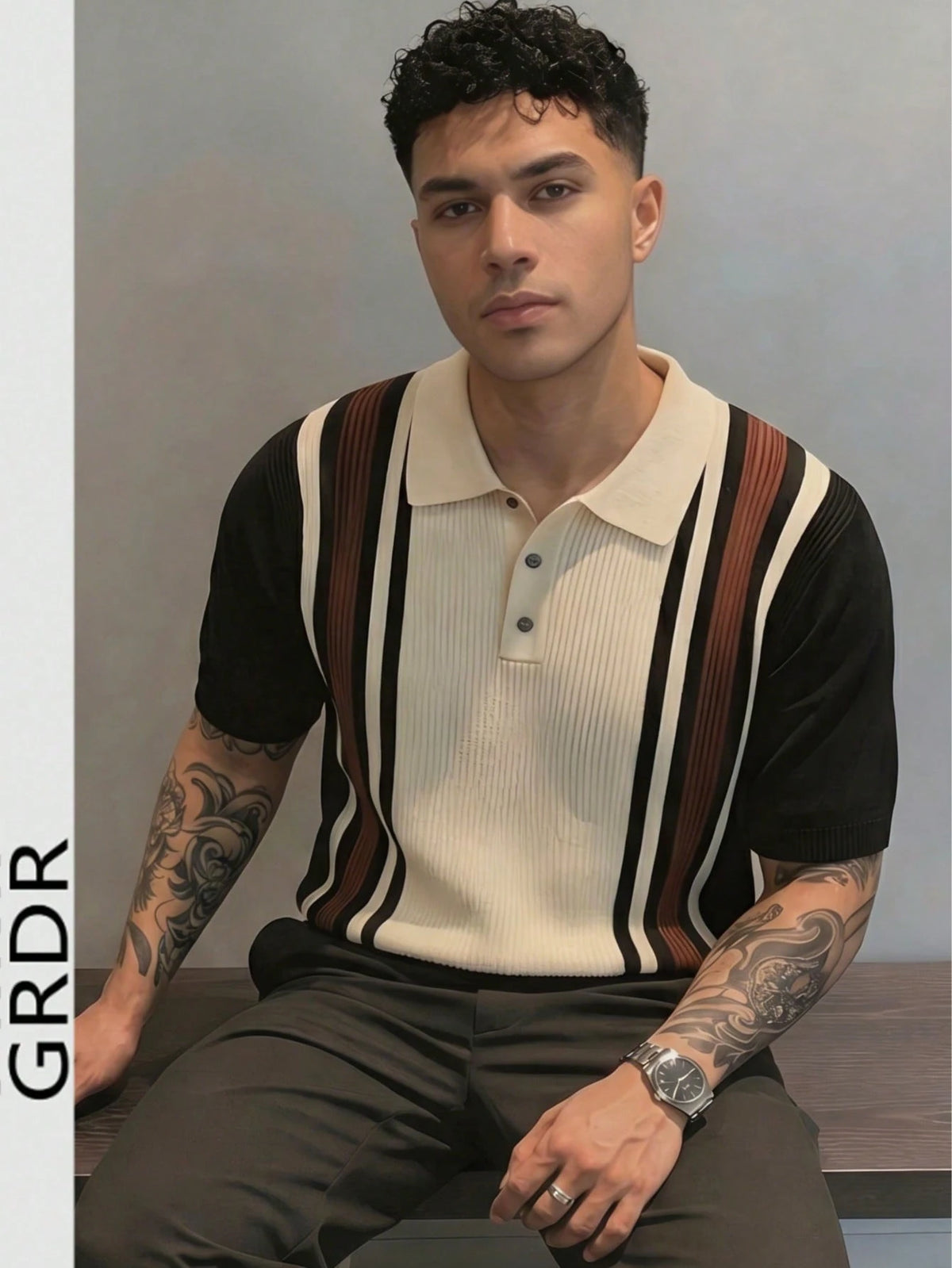 GRDR Men's Collared Striped Casual Minimalist Fashion Knit Short Sleeve T-Shirt Top- Comfortable Daily Wear, Travel, Outing