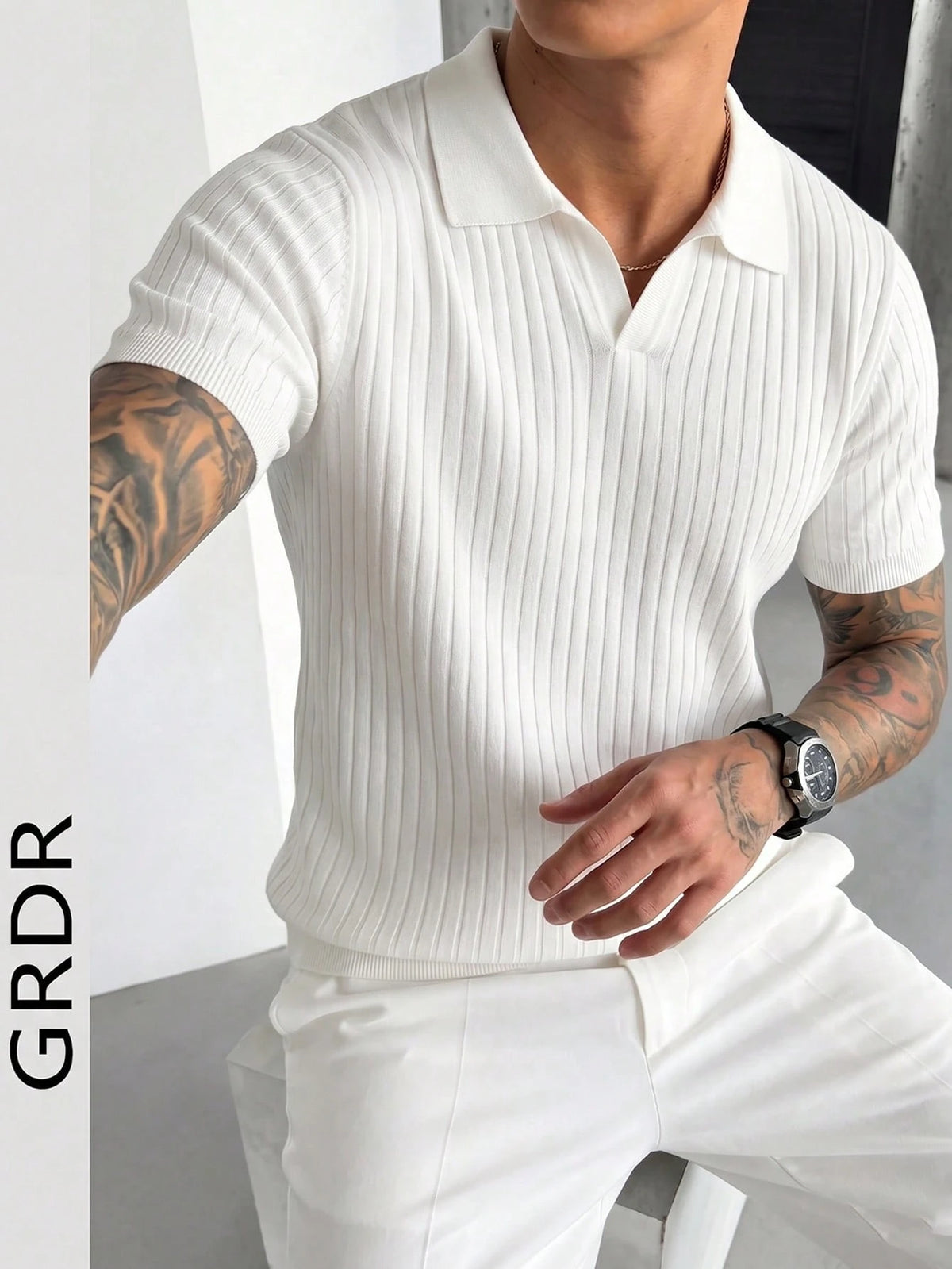 GRDR Men's Summer Lightweight Knit Sweater, Fashion Ribbed Solid Color Short Sleeve, Suitable For Casual Sports