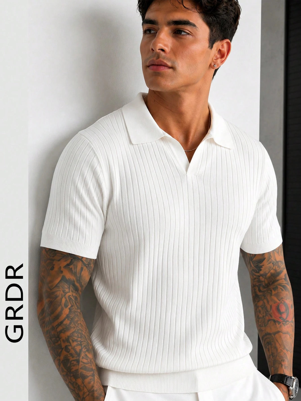 GRDR Men's Summer Lightweight Knit Sweater, Fashion Ribbed Solid Color Short Sleeve, Suitable For Casual Sports