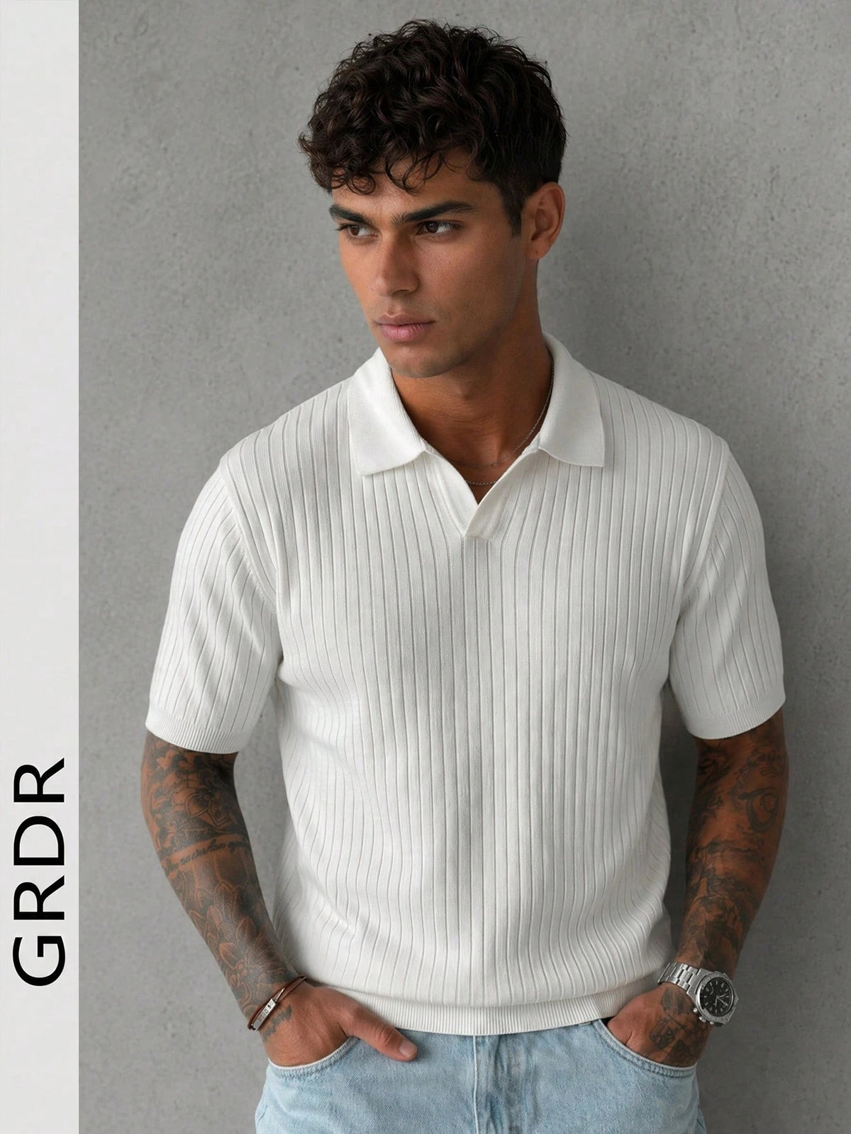GRDR Men's Summer Lightweight Knit Sweater, Fashion Ribbed Solid Color Short Sleeve, Suitable For Casual Sports