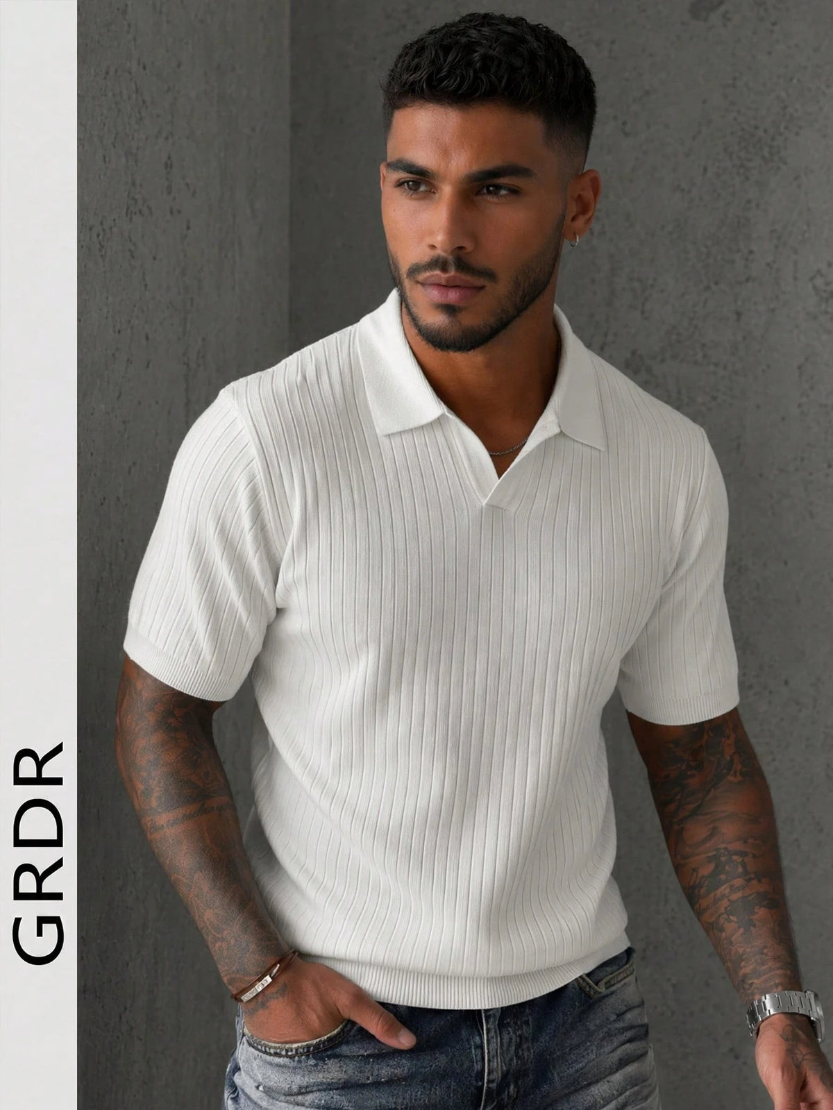 GRDR Men's Summer Lightweight Knit Sweater, Fashion Ribbed Solid Color Short Sleeve, Suitable For Casual Sports