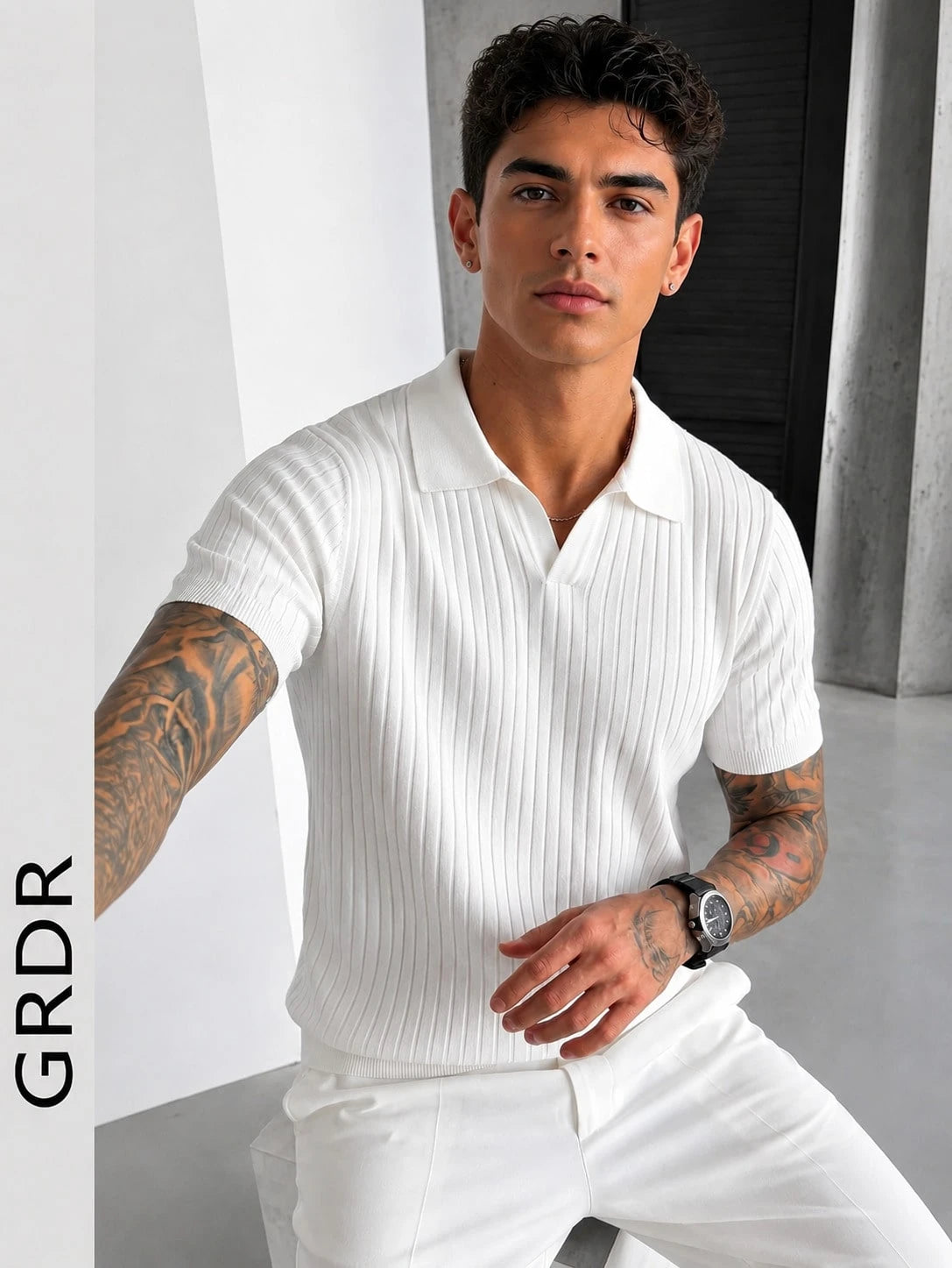 GRDR Men's Summer Lightweight Knit Sweater, Fashion Ribbed Solid Color Short Sleeve, Suitable For Casual Sports