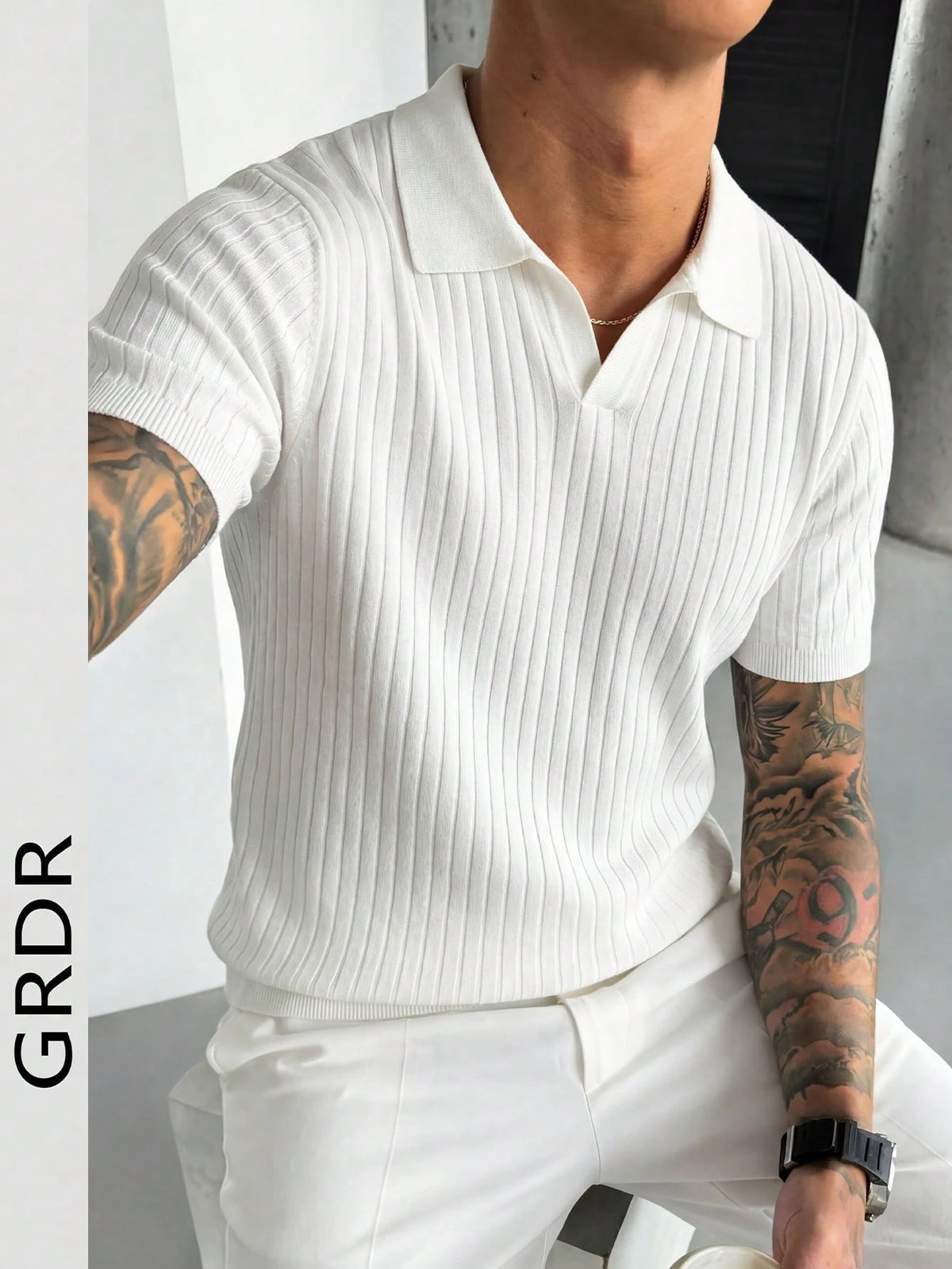 GRDR Men's Summer Lightweight Knit Sweater, Fashion Ribbed Solid Color Short Sleeve, Suitable For Casual Sports