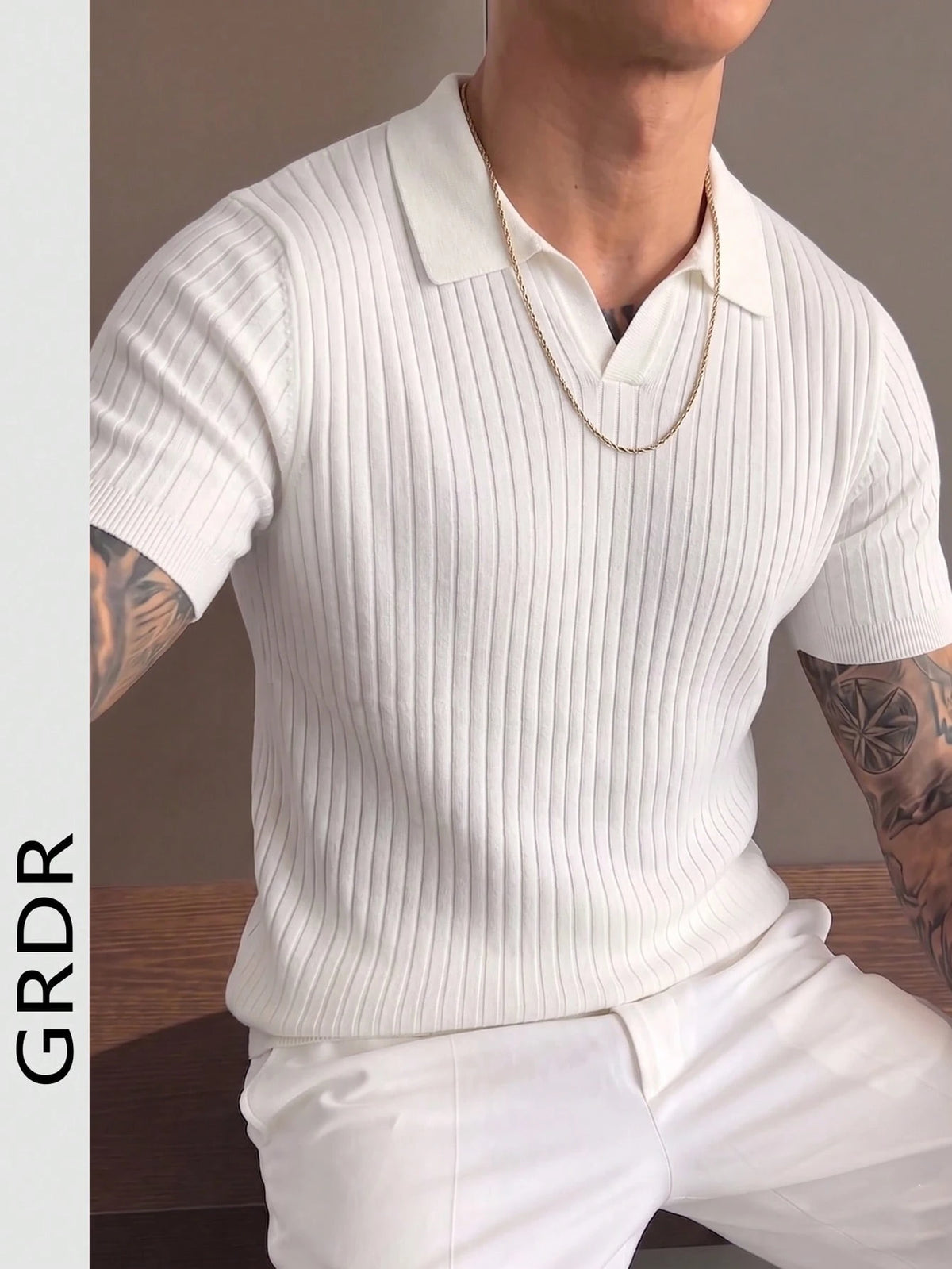 GRDR Men's Summer Lightweight Knit Sweater, Fashion Ribbed Solid Color Short Sleeve, Suitable For Casual Sports