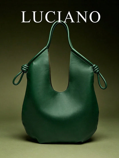 Green PU Leather Korean-French Casual Minimalist Style Large Capacity Handbag, Vintage Slouchy Drawstring Shoulder Bag, Multi-Functional Premium Commuter Pleated Shopping Tote, Suitable For Girls, Stu