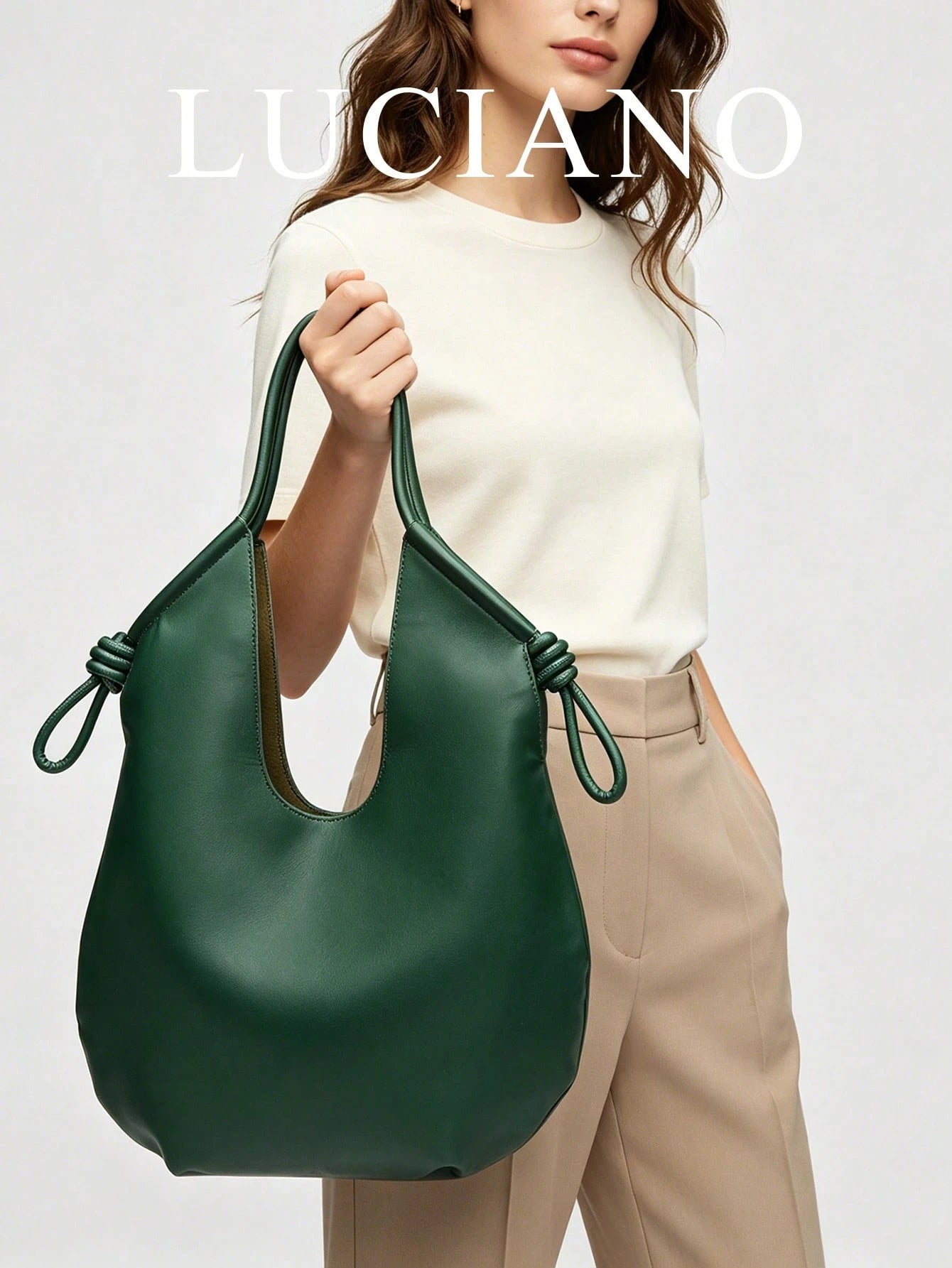 Green PU Leather Korean-French Casual Minimalist Style Large Capacity Handbag, Vintage Slouchy Drawstring Shoulder Bag, Multi-Functional Premium Commuter Pleated Shopping Tote, Suitable For Girls, Stu