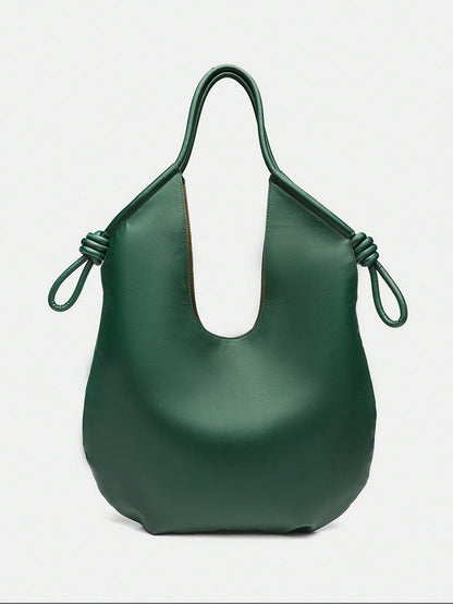 Green PU Leather Korean-French Casual Minimalist Style Large Capacity Handbag, Vintage Slouchy Drawstring Shoulder Bag, Multi-Functional Premium Commuter Pleated Shopping Tote, Suitable For Girls, Stu