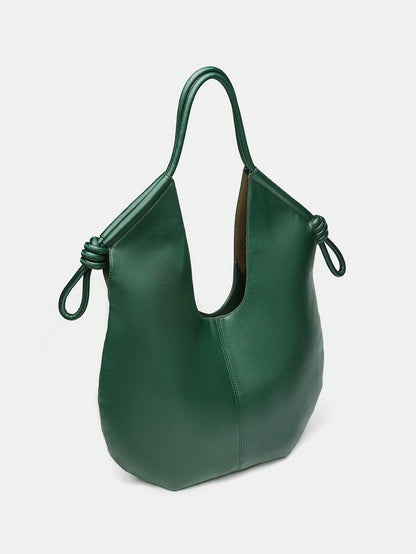 Green PU Leather Korean-French Casual Minimalist Style Large Capacity Handbag, Vintage Slouchy Drawstring Shoulder Bag, Multi-Functional Premium Commuter Pleated Shopping Tote, Suitable For Girls, Stu