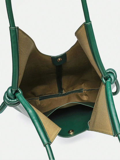 Green PU Leather Korean-French Casual Minimalist Style Large Capacity Handbag, Vintage Slouchy Drawstring Shoulder Bag, Multi-Functional Premium Commuter Pleated Shopping Tote, Suitable For Girls, Stu