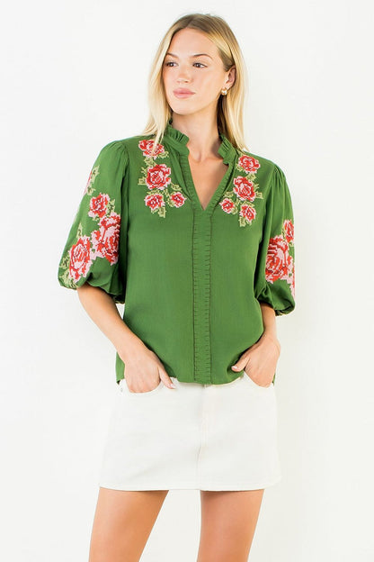 Green with Floral Embroidery Puff Sleeve Top