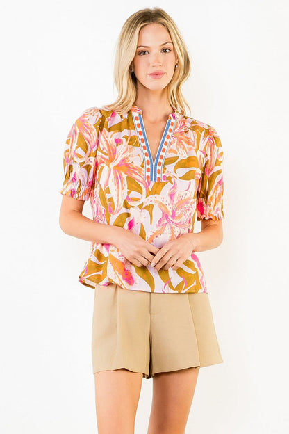 Green/Pink Floral Ruffled Sleeve V Neck Top
