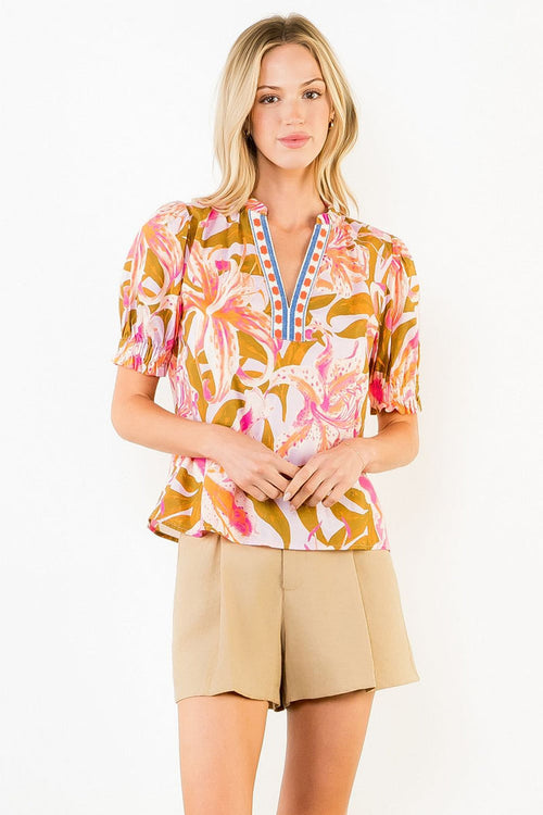 Green/Pink Floral Ruffled Sleeve V Neck Top