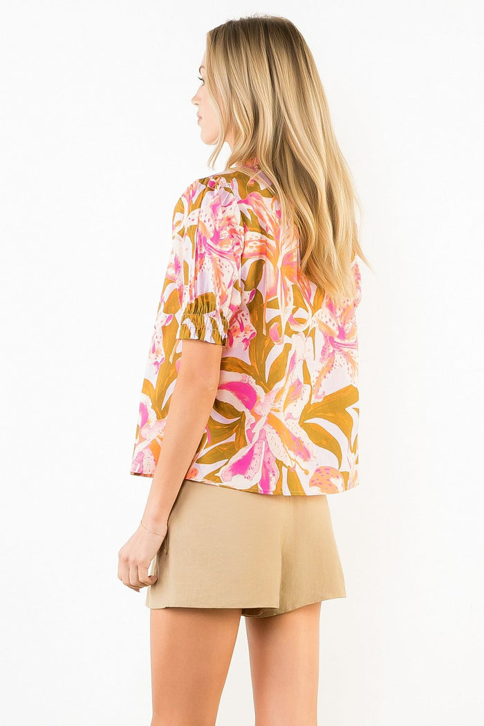 Green/Pink Floral Ruffled Sleeve V Neck Top