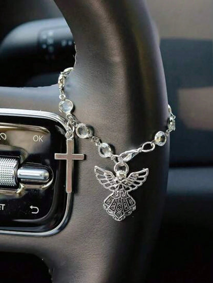 Guardian Angel Cross Pendant Car Interior Hanging Ornament, Charming Wings Steering Wheel Chain, Easter, Halloween, Christmas Gift