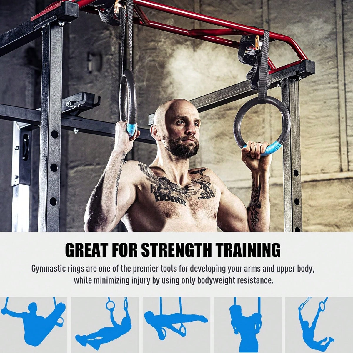 Gymnastic Rings 1200lbs Capacity With 16.4ft Adjustable Buckle Straps Pull Up Exercise Rings Non-Slip Rings For Home Gym Full Body Workout