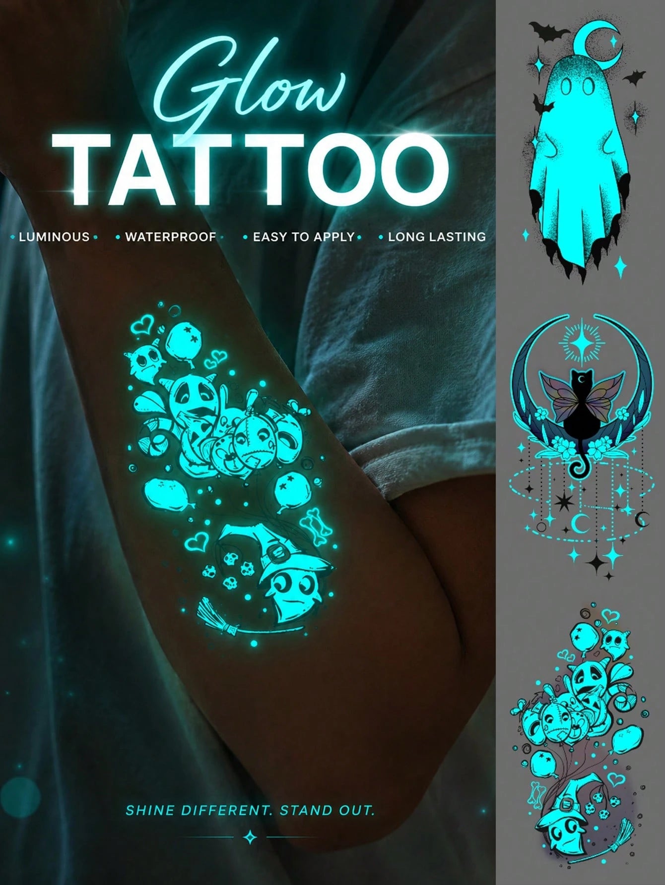 Halloween Glow Tattoo Sticker, Luminous Ghost Pumpkin Black Cat Temporary Tattoo, Cute Spooky Glow In The Dark Fake Tattoo, Waterproof Long Lasting Body Art Decal For Women Men, Party Cosplay Festival