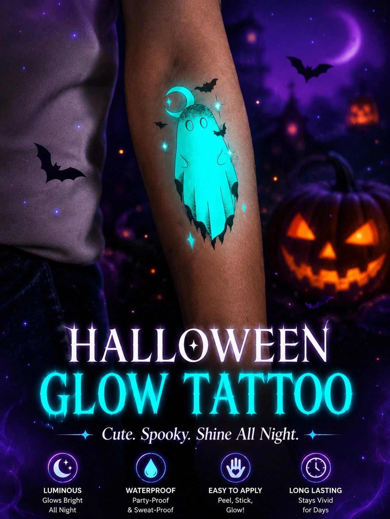 Halloween Glow Tattoo Sticker, Luminous Ghost Pumpkin Black Cat Temporary Tattoo, Cute Spooky Glow In The Dark Fake Tattoo, Waterproof Long Lasting Body Art Decal For Women Men, Party Cosplay Festival