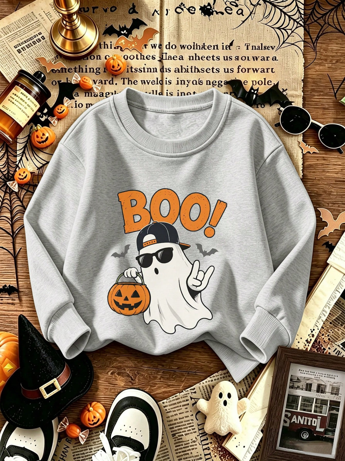 [Halloween]Young Boy Printed Long-Sleeve Crewneck Sweatshirt, Student Casual Wear, Perfect For Boy Getting Ready To Play