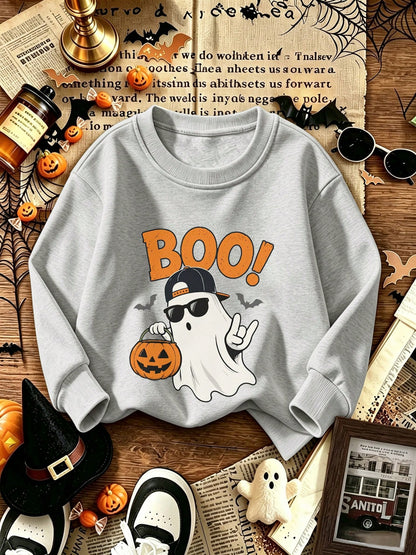 [Halloween]Young Boy Printed Long-Sleeve Crewneck Sweatshirt, Student Casual Wear, Perfect For Boy Getting Ready To Play
