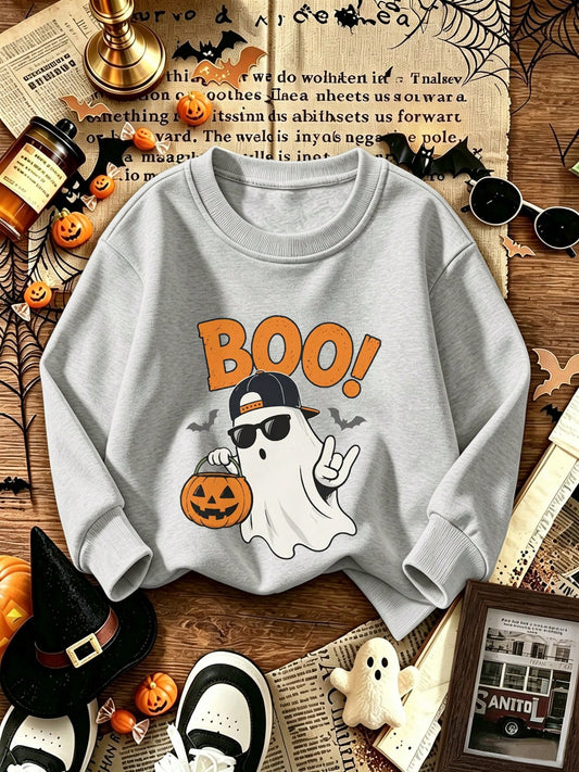 [Halloween]Young Boy Printed Long-Sleeve Crewneck Sweatshirt, Student Casual Wear, Perfect For Boy Getting Ready To Play