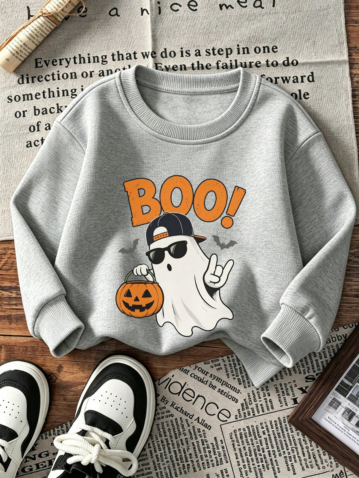 [Halloween]Young Boy Printed Long-Sleeve Crewneck Sweatshirt, Student Casual Wear, Perfect For Boy Getting Ready To Play