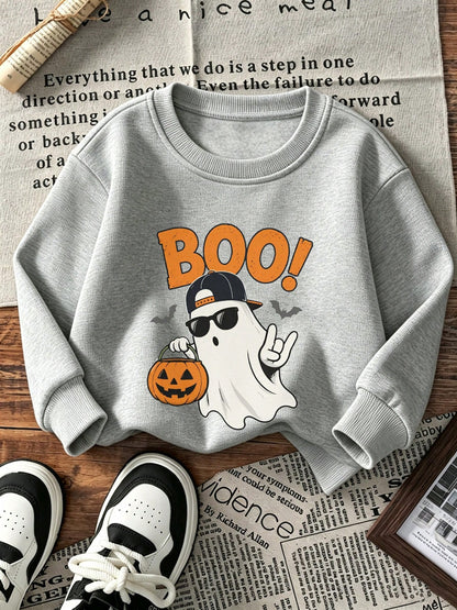 [Halloween]Young Boy Printed Long-Sleeve Crewneck Sweatshirt, Student Casual Wear, Perfect For Boy Getting Ready To Play