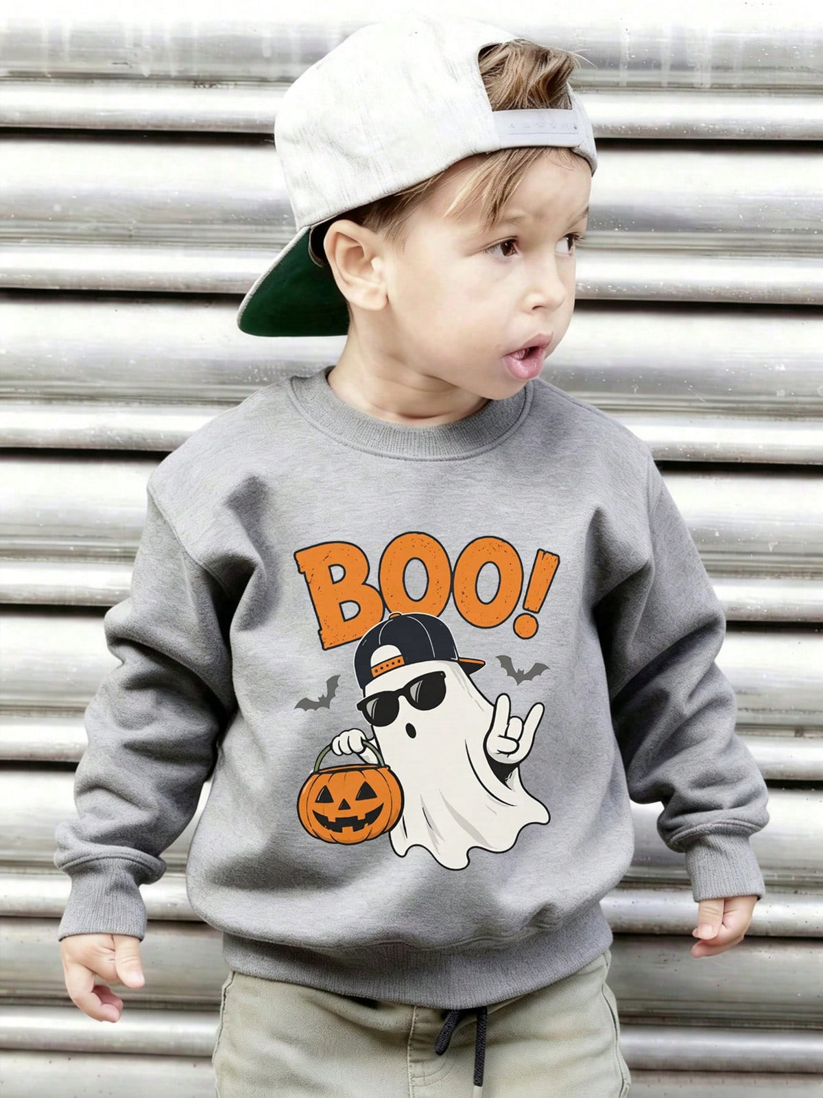 [Halloween]Young Boy Printed Long-Sleeve Crewneck Sweatshirt, Student Casual Wear, Perfect For Boy Getting Ready To Play