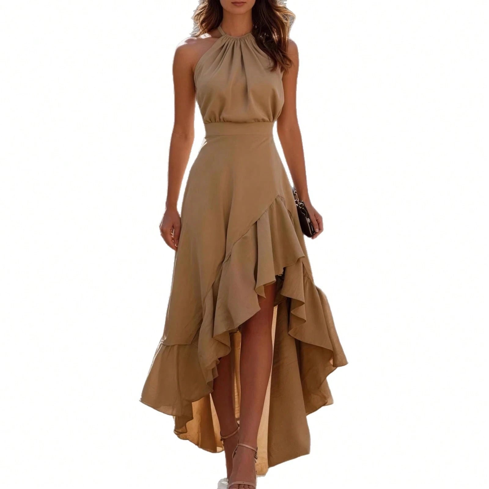 Halter Sleeveless White Elegant Dress, High Waist Asymmetrical Ruffled Hem Flowy Dress For Wedding Guest, Cocktail Party And Daily Casual Occasions