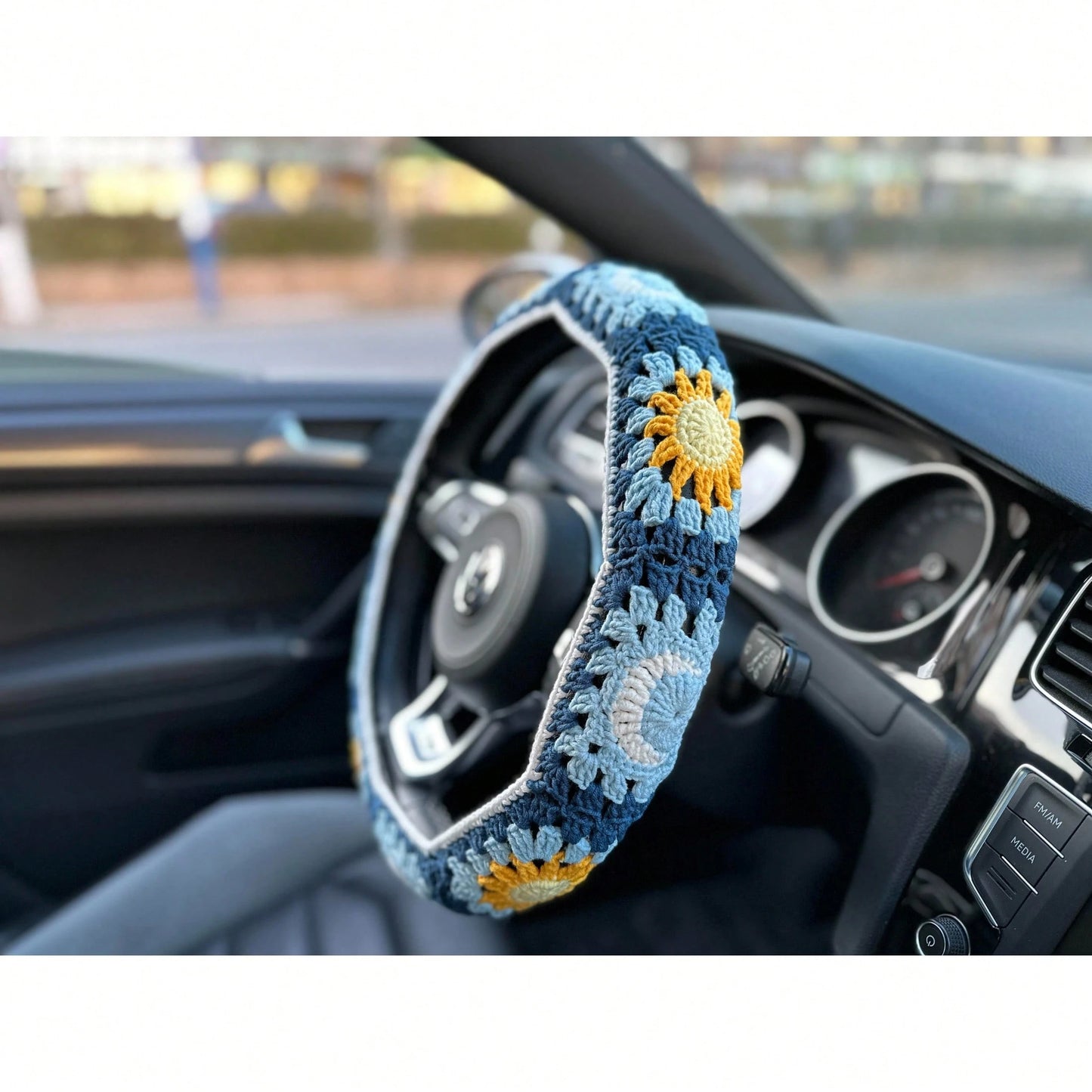 Handmade Crochet Moon And Sun Car Steering Wheel Covers Universal 14-15 Inch For Women And Men (Steer Wheel Cover)