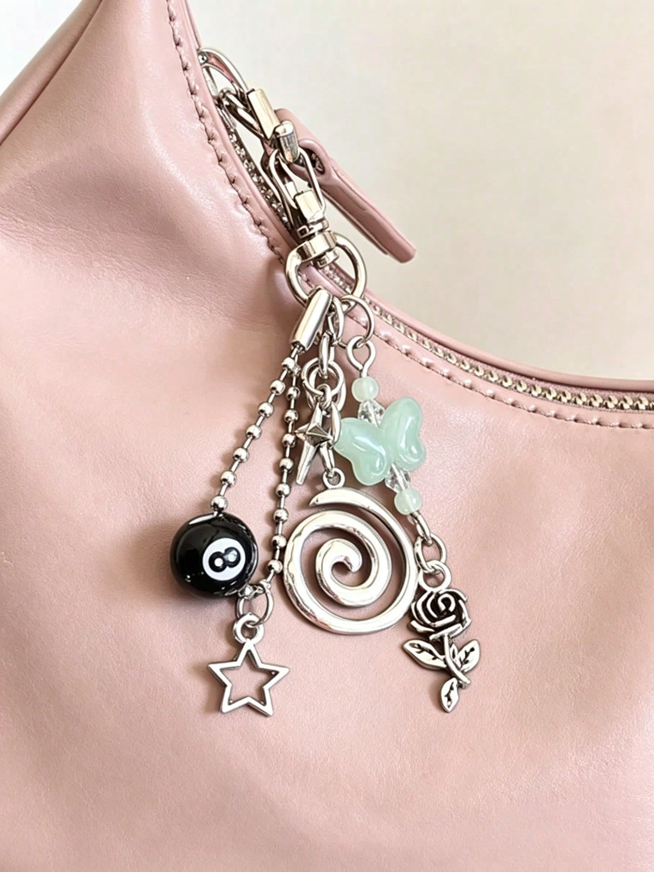 Handmade Semi-Precious Stone Keychain, Hippie Style Key Ring, Hippie Accessories Silver Swirl Bag Charm, Billiard Bag Charm, Butterfly Bag Charm, Bead Bag Charm, Silver Star Bag Charm, Hollow Flower B