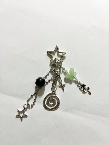 Handmade Semi-Precious Stone Keychain, Hippie Style Key Ring, Hippie Accessories Silver Swirl Bag Charm, Billiard Bag Charm, Butterfly Bag Charm, Bead Bag Charm, Silver Star Bag Charm, Hollow Flower B
