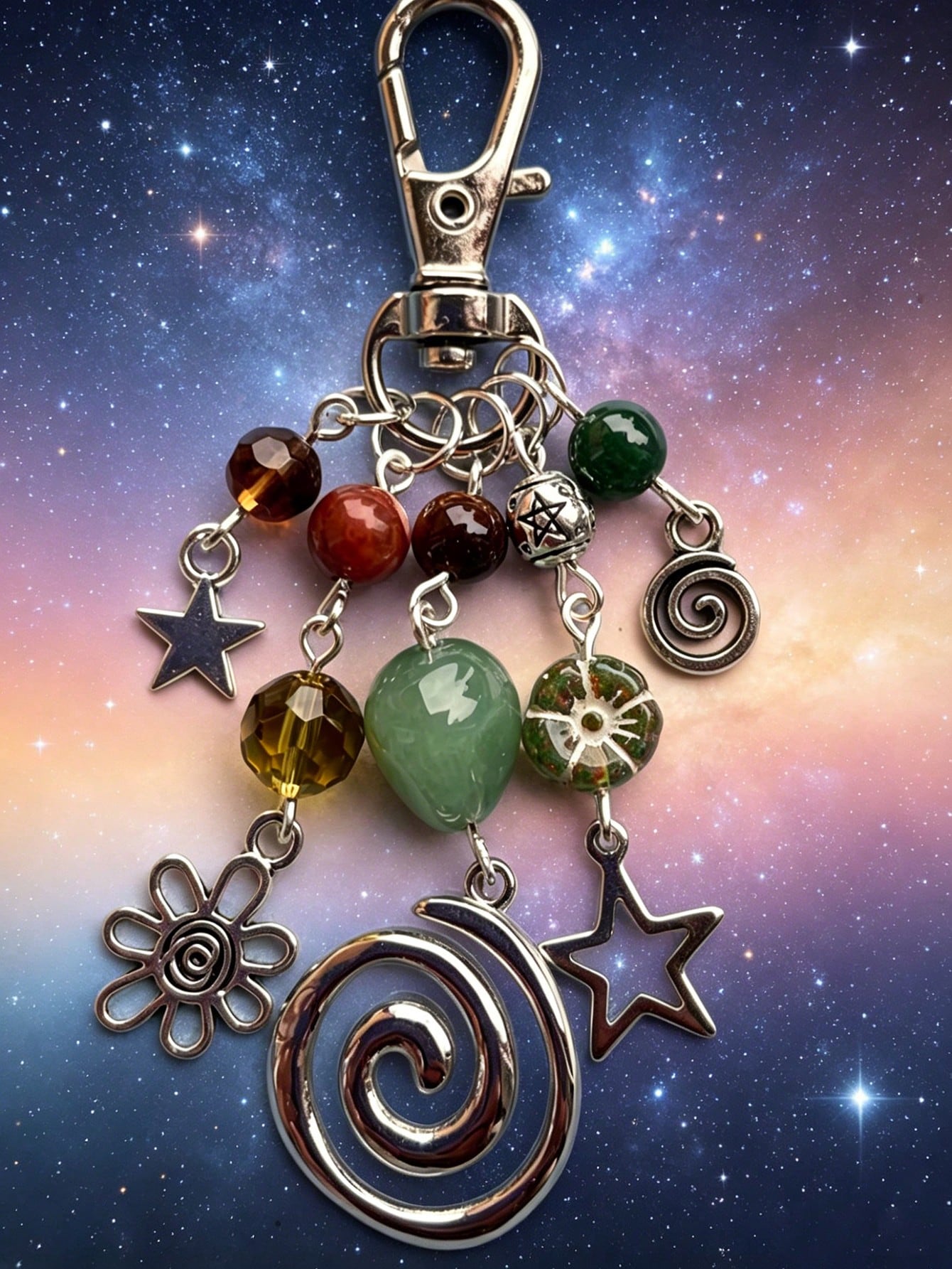 Handmade Semi-Precious Stone Keychain, Hippie Style Key Ring, Hippie Accessories Silver Swirl Bag Charm, Billiard Bag Charm, Butterfly Bag Charm, Bead Bag Charm, Silver Star Bag Charm, Hollow Flower B