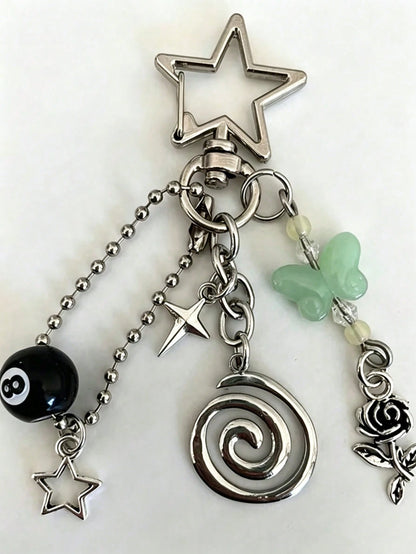 Handmade Semi-Precious Stone Keychain, Hippie Style Key Ring, Hippie Accessories Silver Swirl Bag Charm, Billiard Bag Charm, Butterfly Bag Charm, Bead Bag Charm, Silver Star Bag Charm, Hollow Flower B