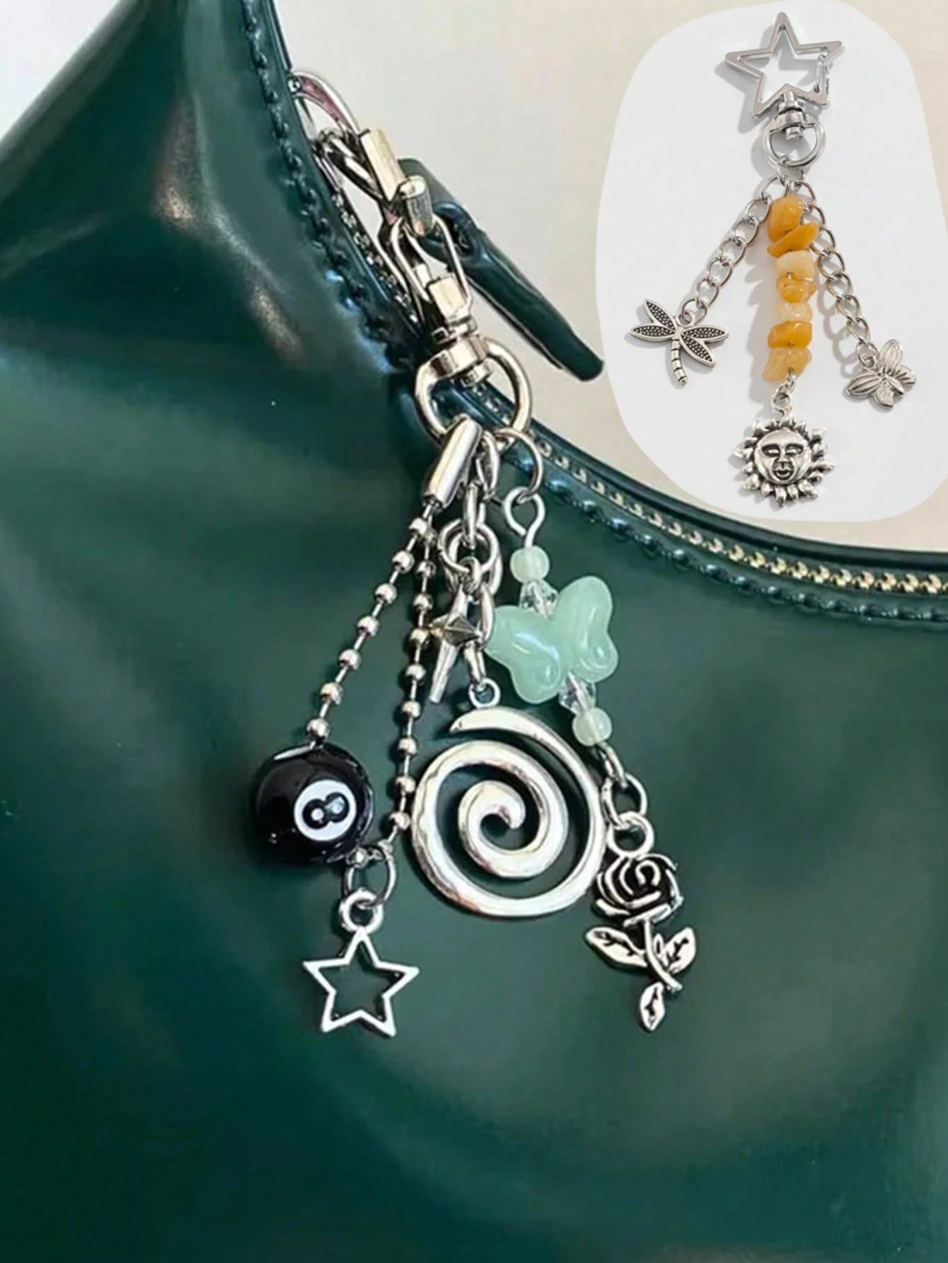 Handmade Semi-Precious Stone Keychain, Hippie Style Key Ring, Hippie Accessories Silver Swirl Bag Charm, Billiard Bag Charm, Butterfly Bag Charm, Bead Bag Charm, Silver Star Bag Charm, Hollow Flower B