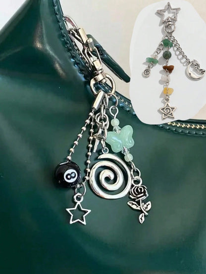 Handmade Semi-Precious Stone Keychain, Hippie Style Key Ring, Hippie Accessories Silver Swirl Bag Charm, Billiard Bag Charm, Butterfly Bag Charm, Bead Bag Charm, Silver Star Bag Charm, Hollow Flower B