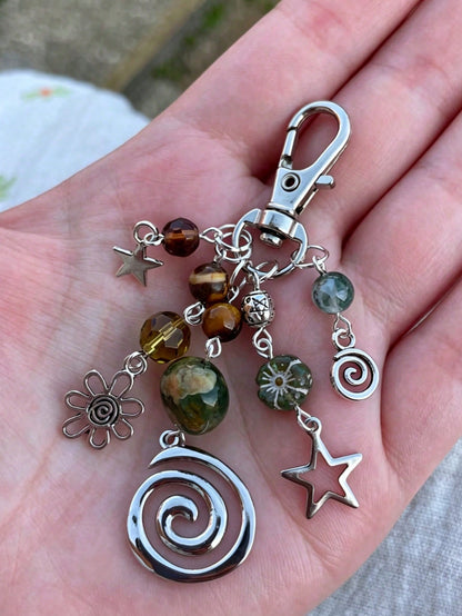 Handmade Semi-Precious Stone Keychain, Hippie Style Key Ring, Hippie Accessories Silver Swirl Bag Charm, Billiard Bag Charm, Butterfly Bag Charm, Bead Bag Charm, Silver Star Bag Charm, Hollow Flower B