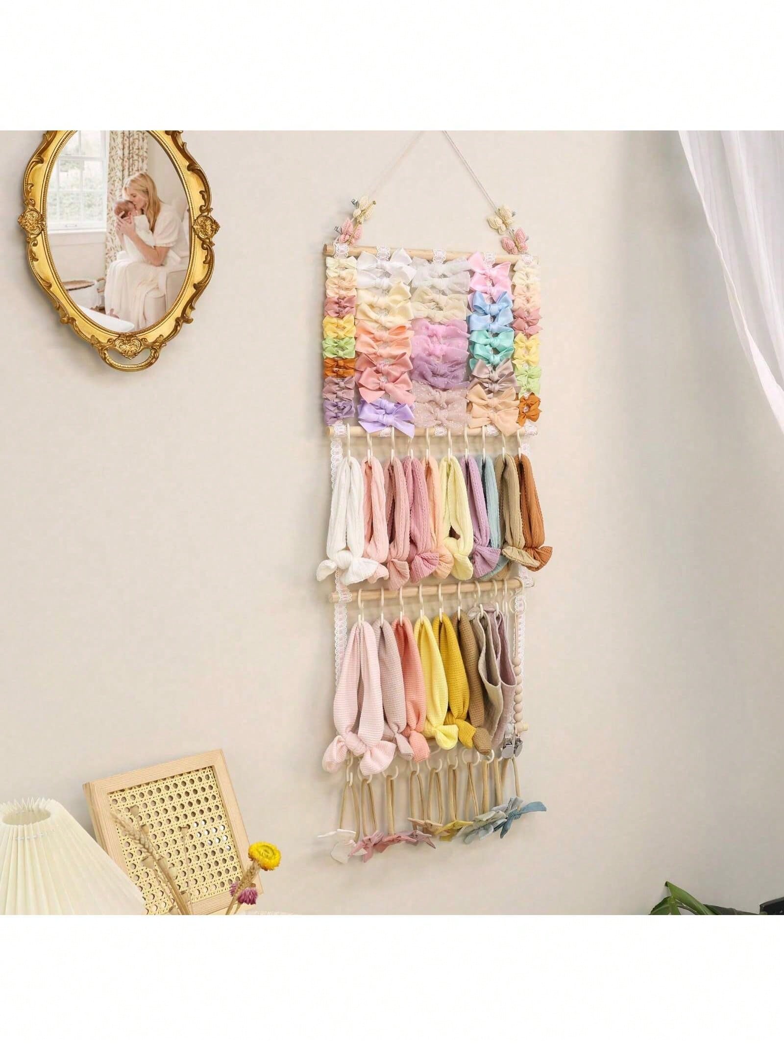 Headband Holder Hair Bows Organizer For Girls(Pink/Beige), Baby Headbands Hair Accessories Organizer Storage Wall Hanging Decor For Toddler Girls Room