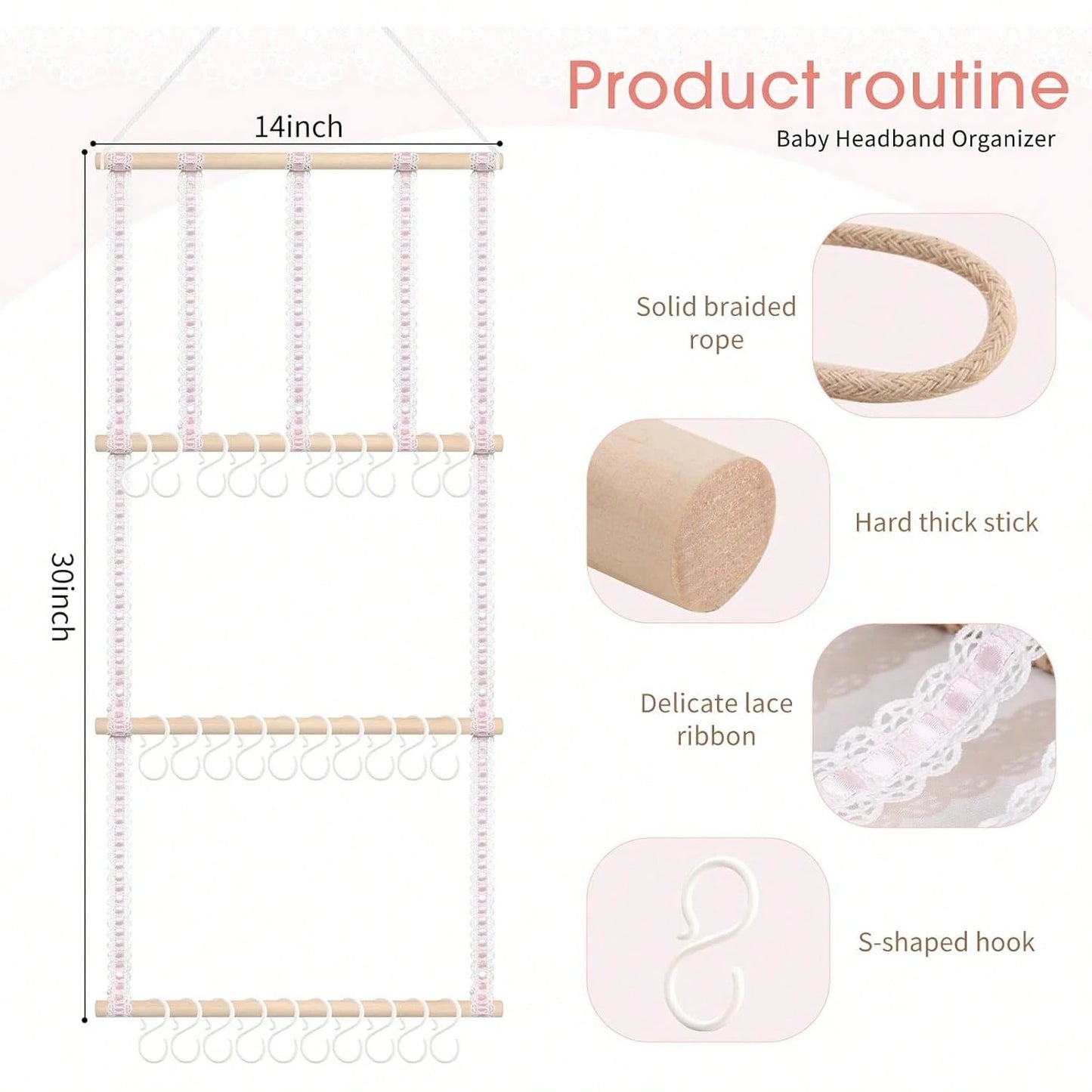 Headband Holder Hair Bows Organizer For Girls(Pink/Beige), Baby Headbands Hair Accessories Organizer Storage Wall Hanging Decor For Toddler Girls Room