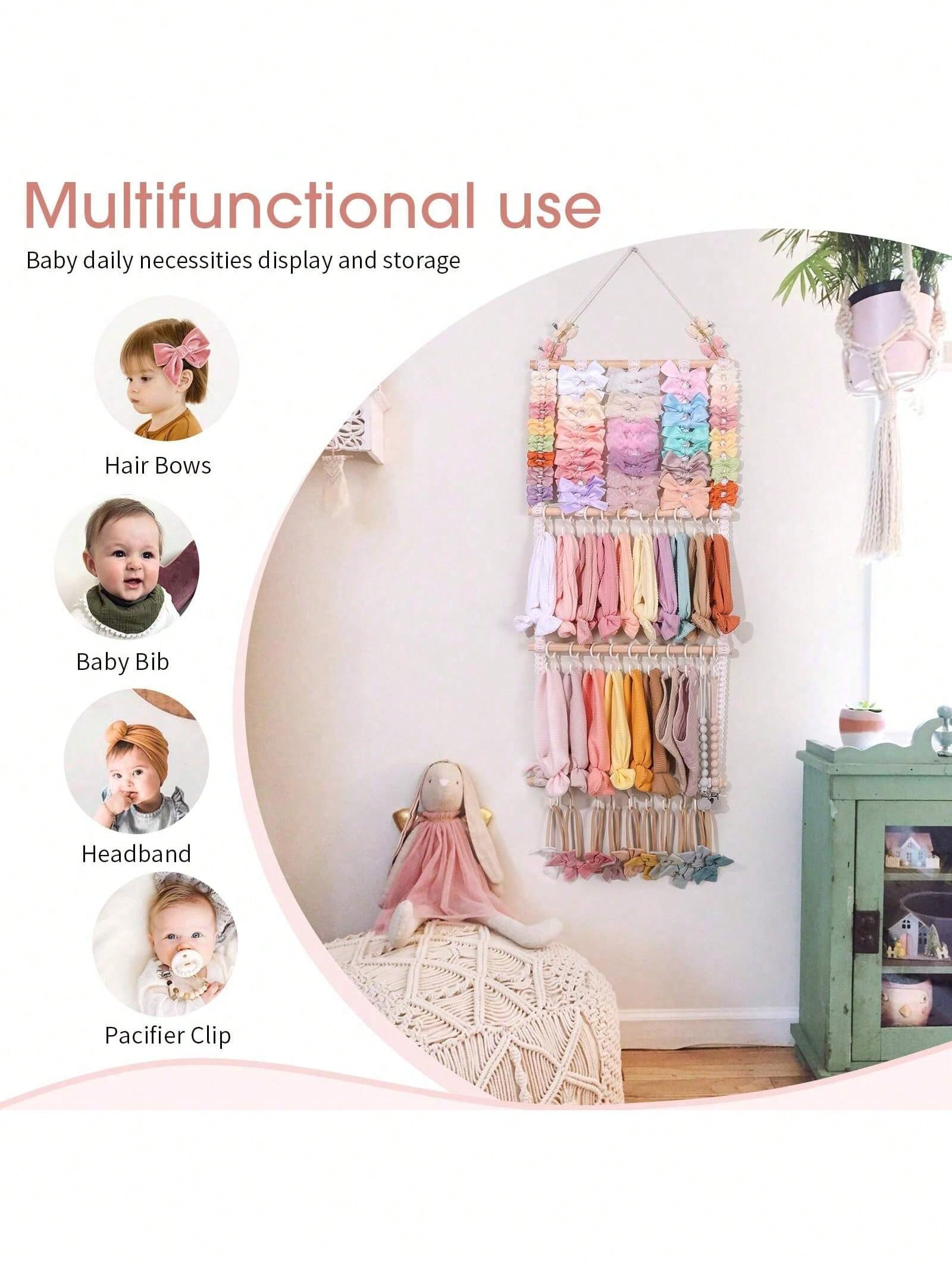 Headband Holder Hair Bows Organizer For Girls(Pink/Beige), Baby Headbands Hair Accessories Organizer Storage Wall Hanging Decor For Toddler Girls Room