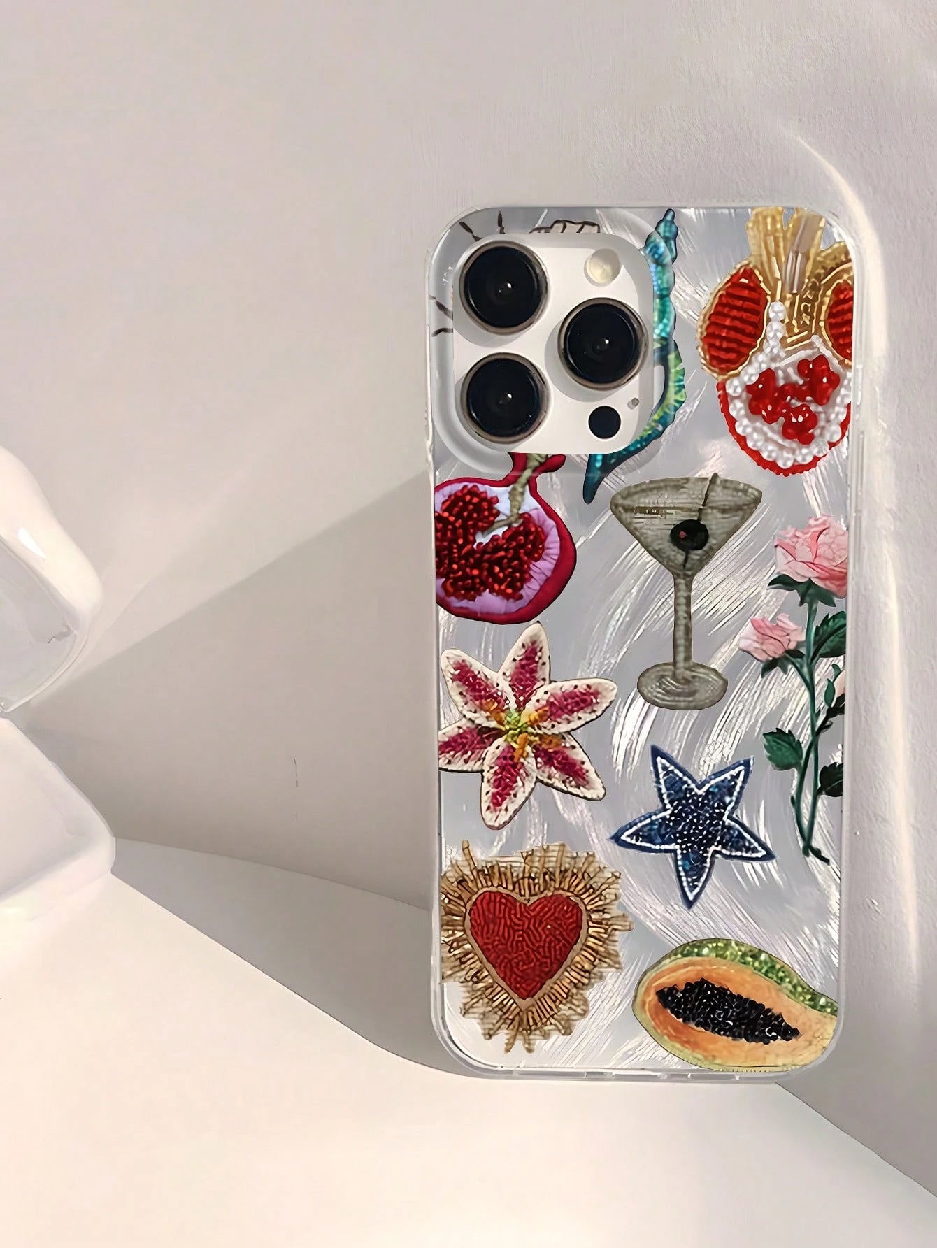 Heart Element Shockproof Fashionable Unique Beaded Pomegranate Star Flower Pattern Waterproof Fingerprint-Proof Scratch-Resistant Transparent IMD Soft Glossy Smooth Phone Case Anti-Fall Spring Gift Pa
