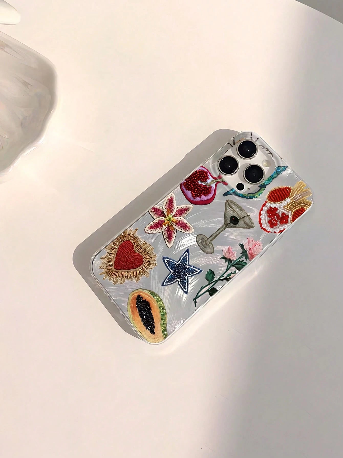 Heart Element Shockproof Fashionable Unique Beaded Pomegranate Star Flower Pattern Waterproof Fingerprint-Proof Scratch-Resistant Transparent IMD Soft Glossy Smooth Phone Case Anti-Fall Spring Gift Pa