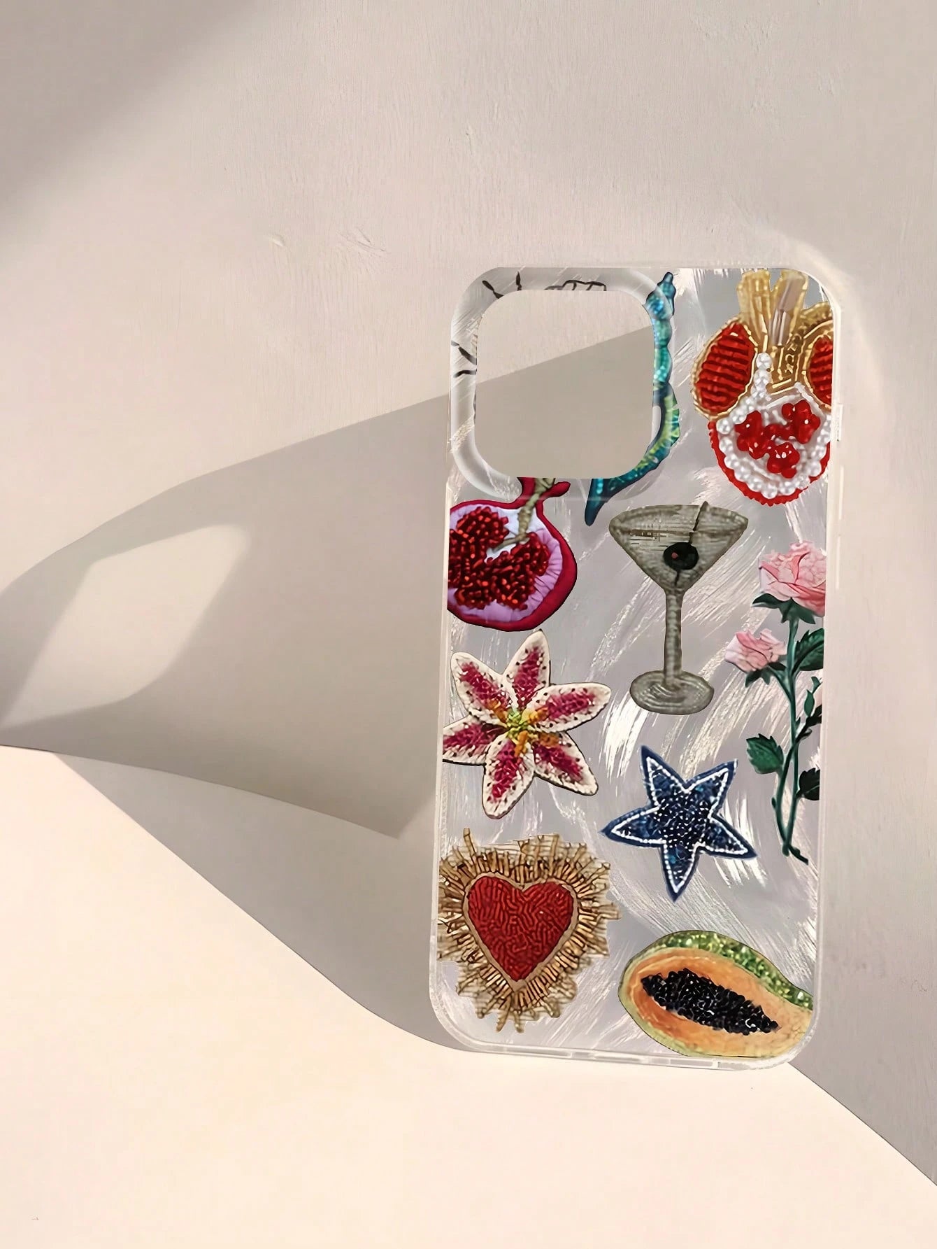 Heart Element Shockproof Fashionable Unique Beaded Pomegranate Star Flower Pattern Waterproof Fingerprint-Proof Scratch-Resistant Transparent IMD Soft Glossy Smooth Phone Case Anti-Fall Spring Gift Pa