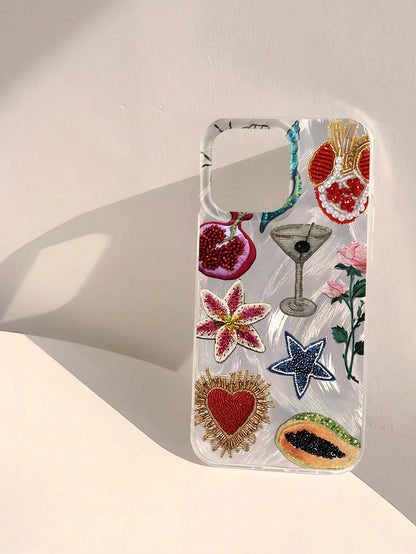 Heart Element Shockproof Fashionable Unique Beaded Pomegranate Star Flower Pattern Waterproof Fingerprint-Proof Scratch-Resistant Transparent IMD Soft Glossy Smooth Phone Case Anti-Fall Spring Gift Pa
