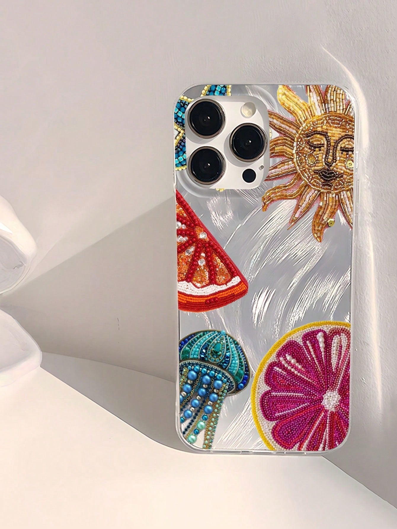 Heart Element Shockproof Fashionable Unique Beaded Pomegranate Star Flower Pattern Waterproof Fingerprint-Proof Scratch-Resistant Transparent IMD Soft Glossy Smooth Phone Case Anti-Fall Spring Gift Pa