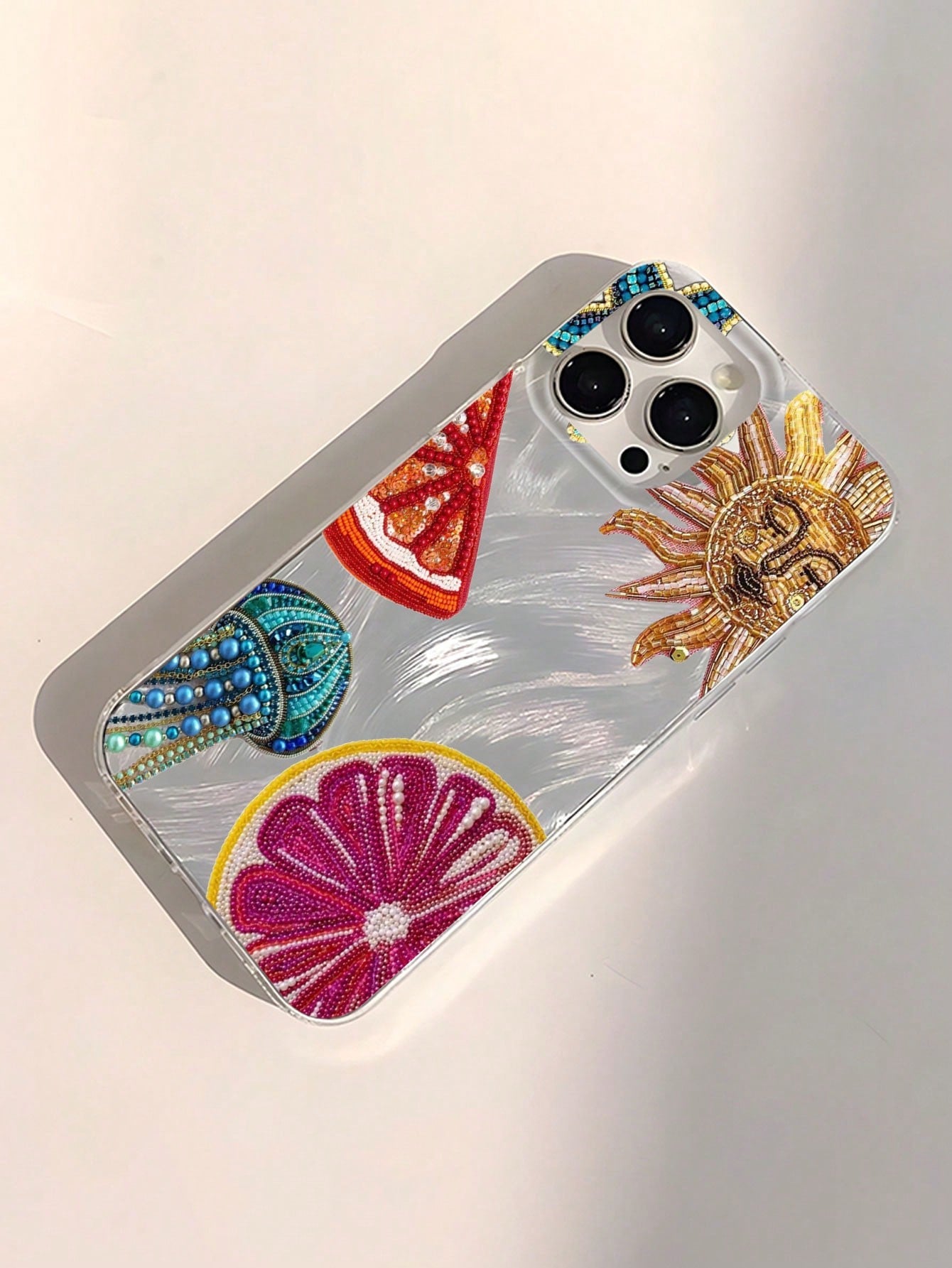 Heart Element Shockproof Fashionable Unique Beaded Pomegranate Star Flower Pattern Waterproof Fingerprint-Proof Scratch-Resistant Transparent IMD Soft Glossy Smooth Phone Case Anti-Fall Spring Gift Pa