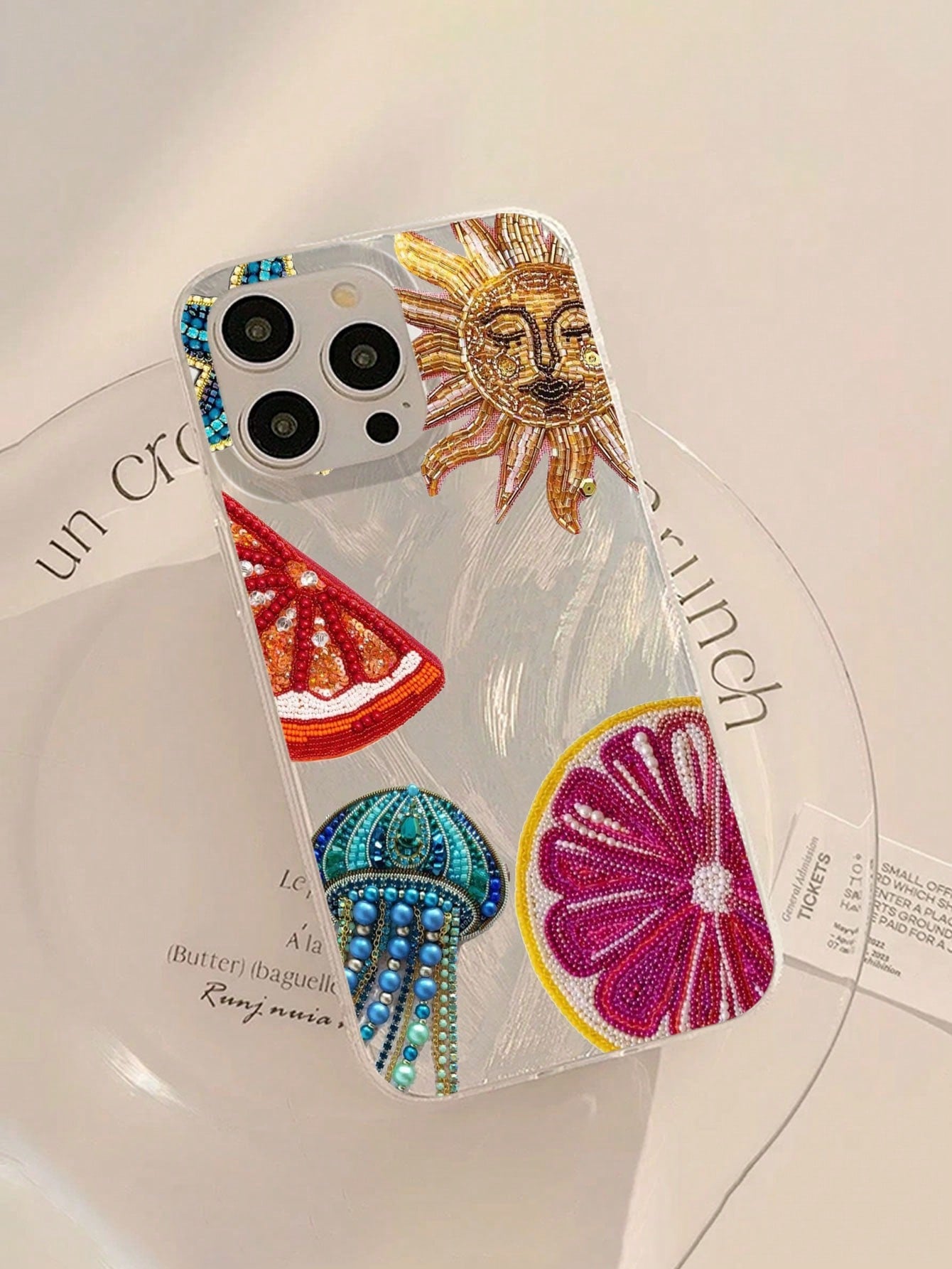 Heart Element Shockproof Fashionable Unique Beaded Pomegranate Star Flower Pattern Waterproof Fingerprint-Proof Scratch-Resistant Transparent IMD Soft Glossy Smooth Phone Case Anti-Fall Spring Gift Pa