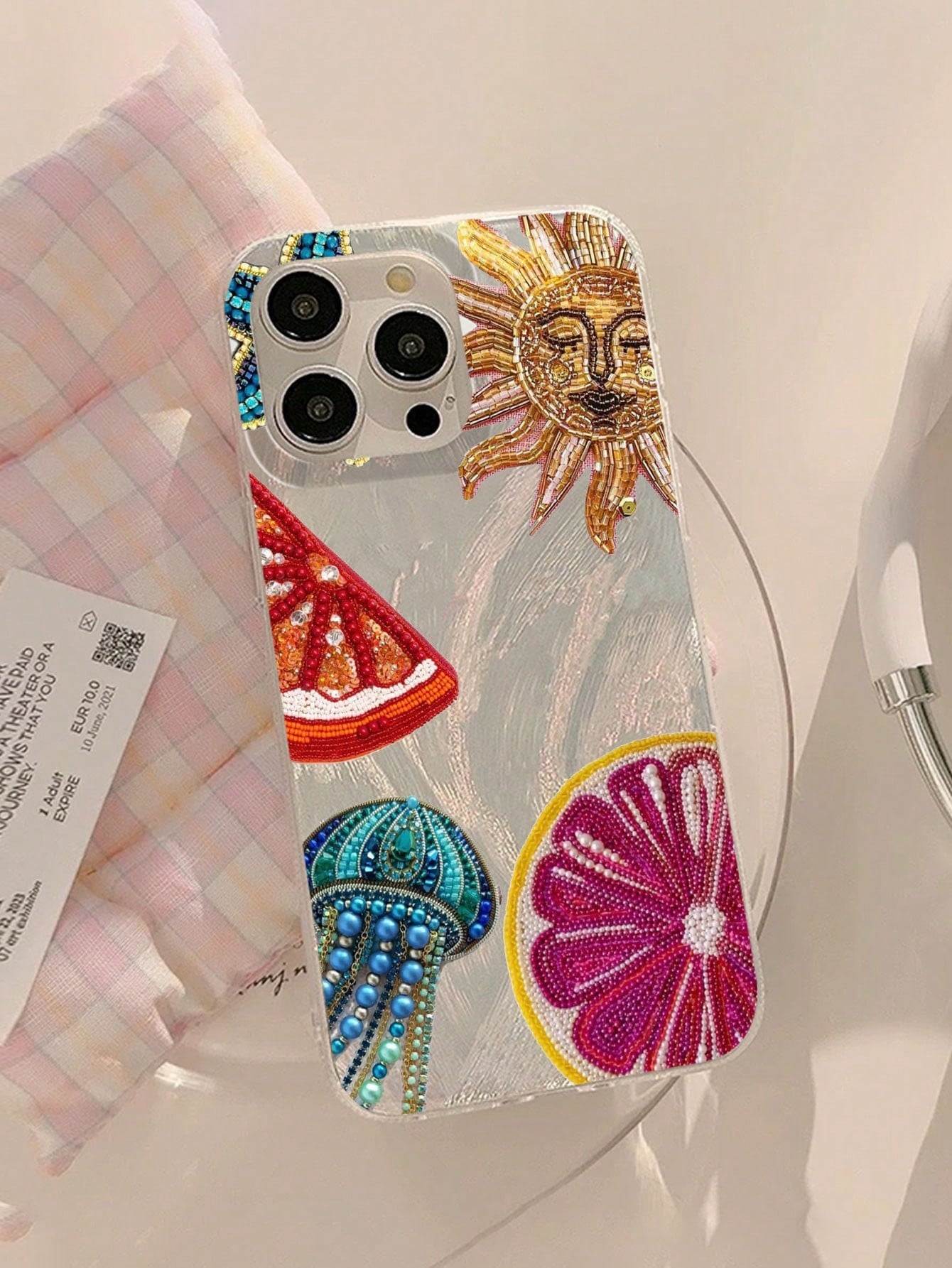 Heart Element Shockproof Fashionable Unique Beaded Pomegranate Star Flower Pattern Waterproof Fingerprint-Proof Scratch-Resistant Transparent IMD Soft Glossy Smooth Phone Case Anti-Fall Spring Gift Pa