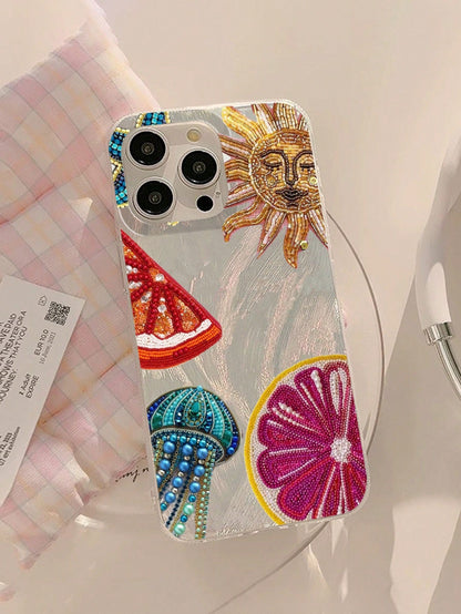 Heart Element Shockproof Fashionable Unique Beaded Pomegranate Star Flower Pattern Waterproof Fingerprint-Proof Scratch-Resistant Transparent IMD Soft Glossy Smooth Phone Case Anti-Fall Spring Gift Pa