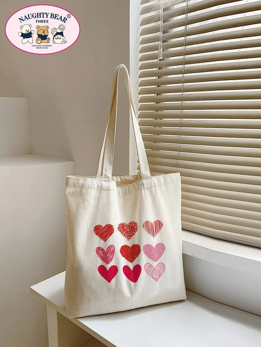 Heart Graphic Canvas Shopper Bag School Bag For Graduate, Teen Girls, Freshman, Sophomore, Junior & Senior In College, University & High School, Perfect For Outdoors,Travel & Back To School Valentine